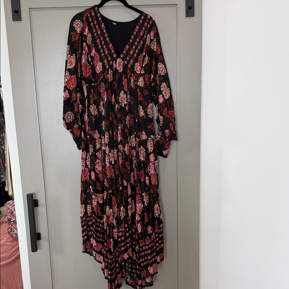 Free People Black and Pink Floral Long Sleeve Dress